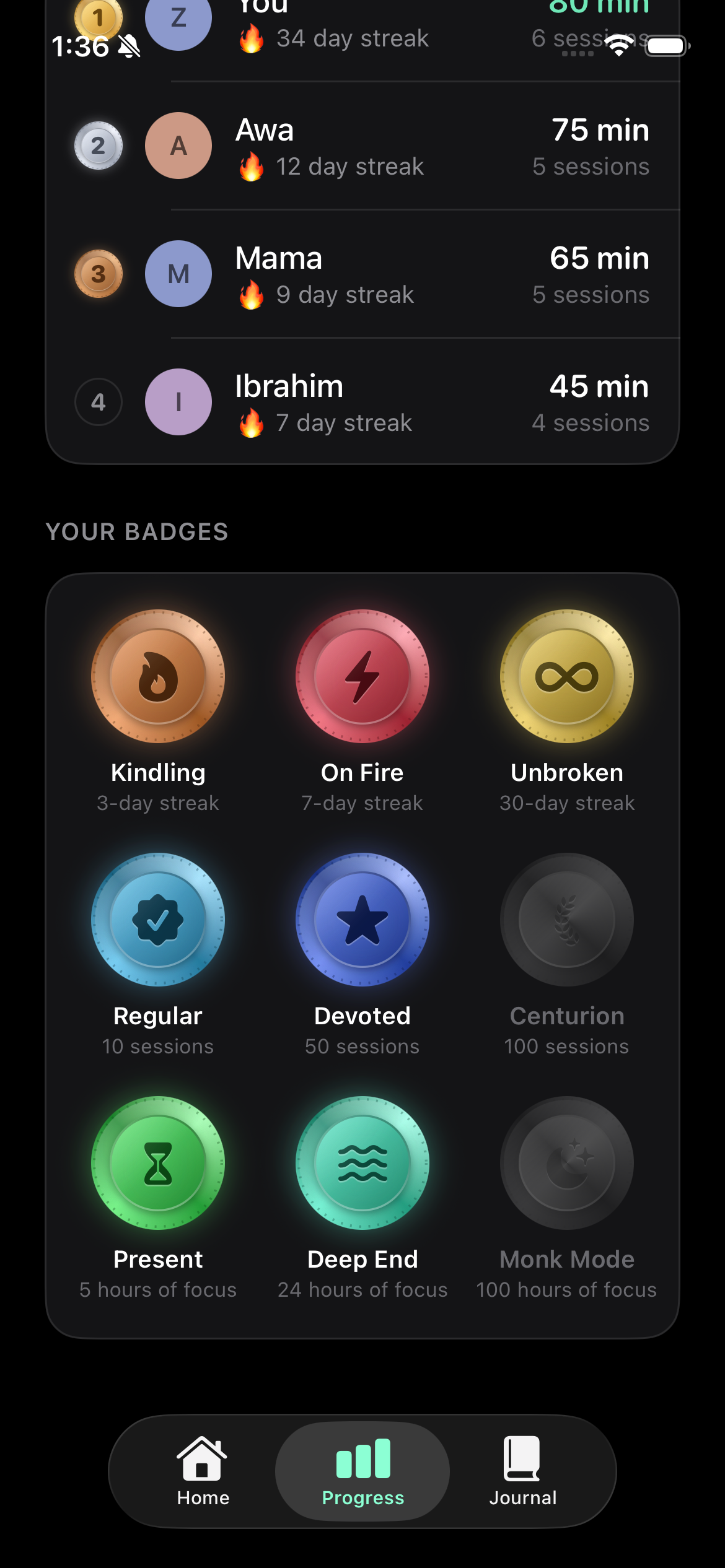 Present app Progress tab showing the badge medal case